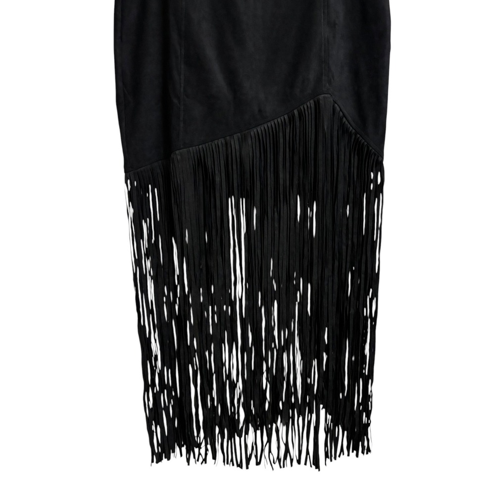Rockin G Black Faux Suede Long Fringe Western Boho Festival Midi Skirt Large - Picture 8 of 11